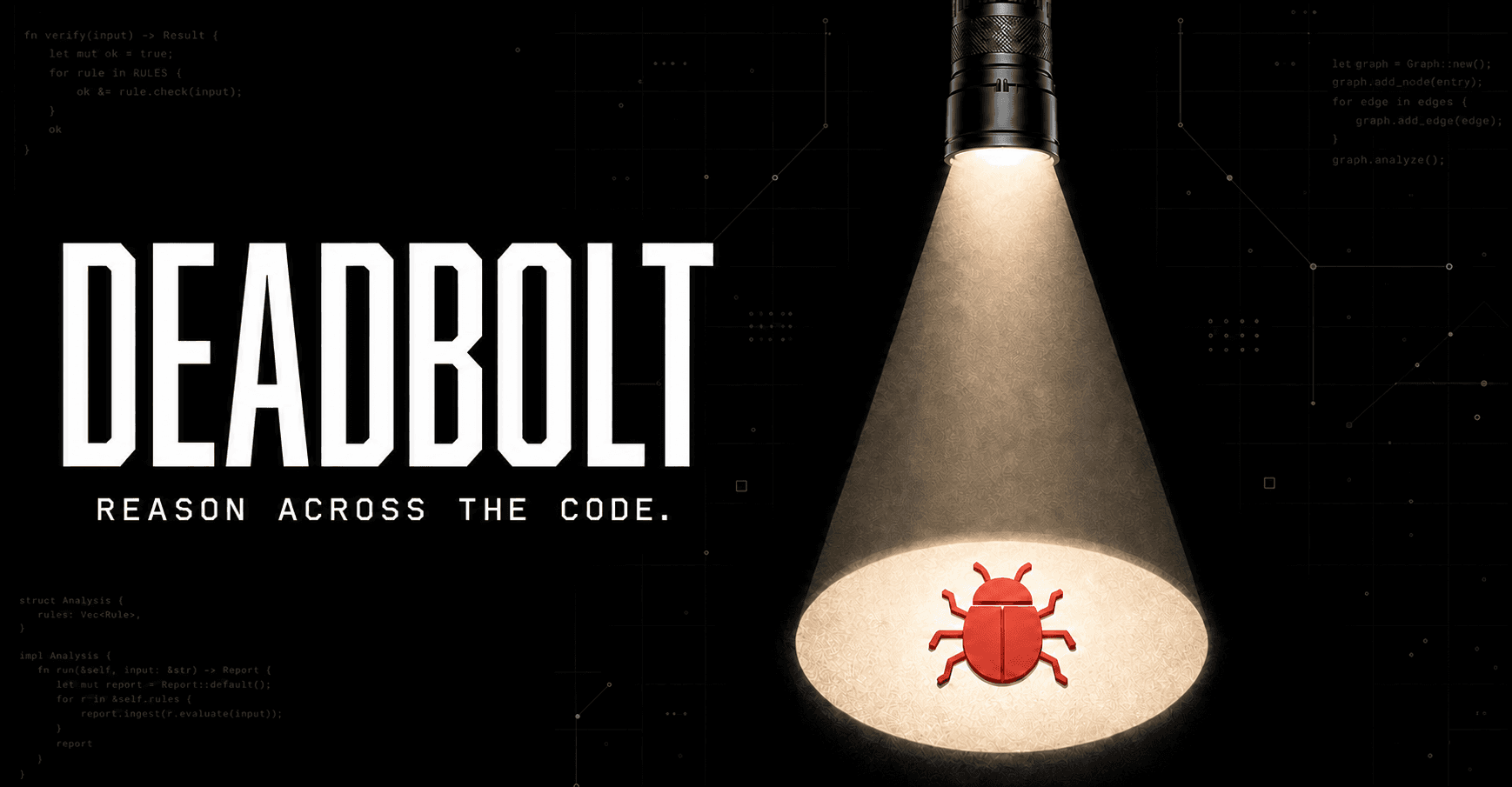 A perfectly centered vertical flashlight beam illuminates a red security bug against a dark source-code graph.